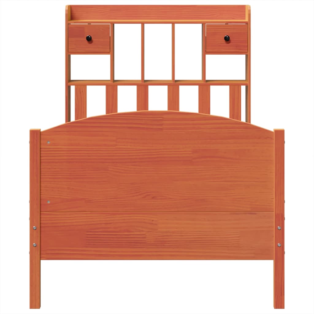 Säng med bokhylla utan madrass vaxbrun 75x190 cm massiv furu