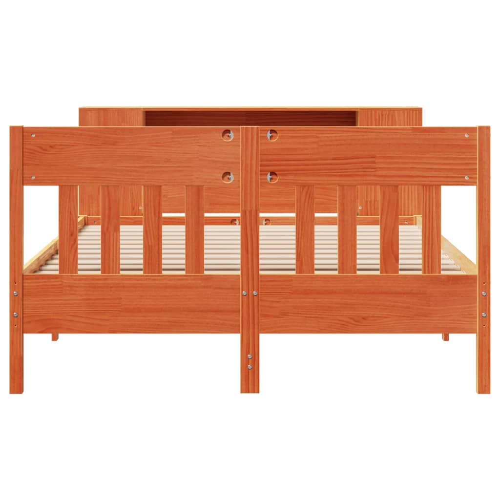 Säng med bokhylla utan madrass vaxbrun 160x200cm massiv furu