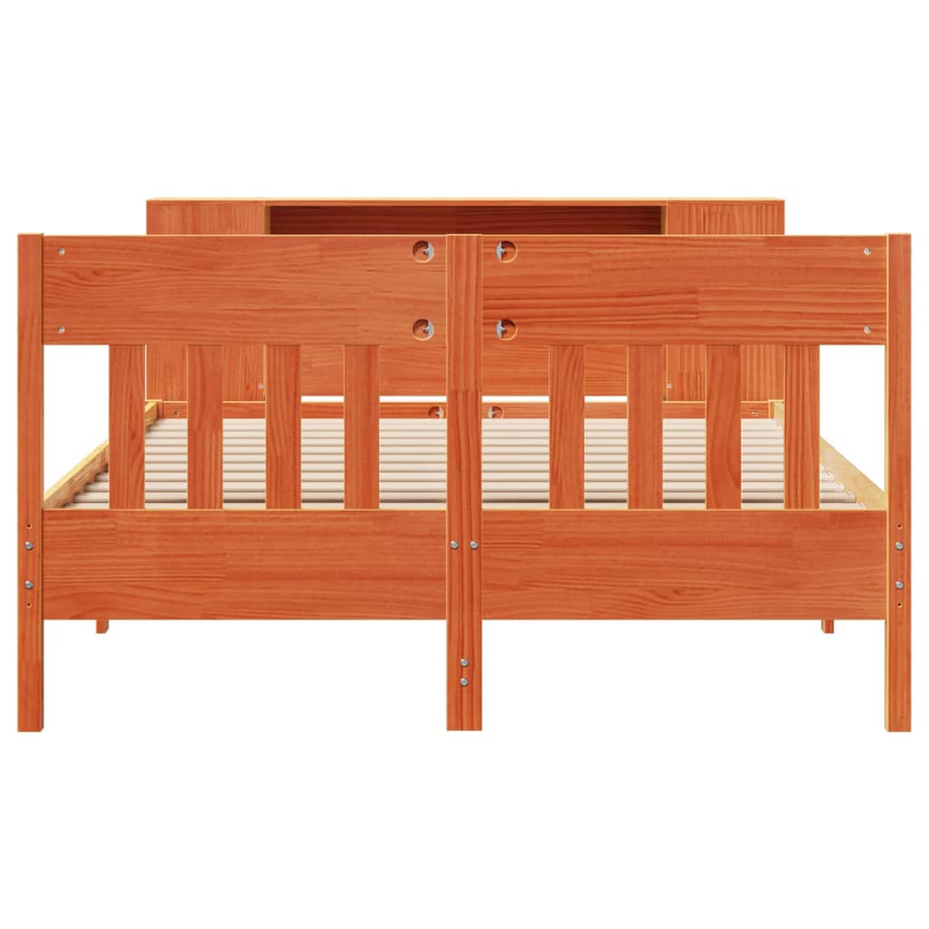 Säng med bokhylla utan madrass vaxbrun 140x190cm massiv furu