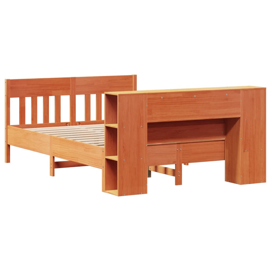 Säng med bokhylla utan madrass vaxbrun 140x190cm massiv furu