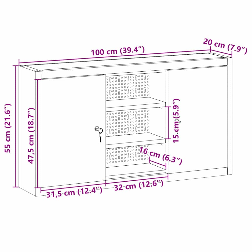 Verktygsskåp med hylla med lås Svart och Grå 50 x 20 x 55 cm