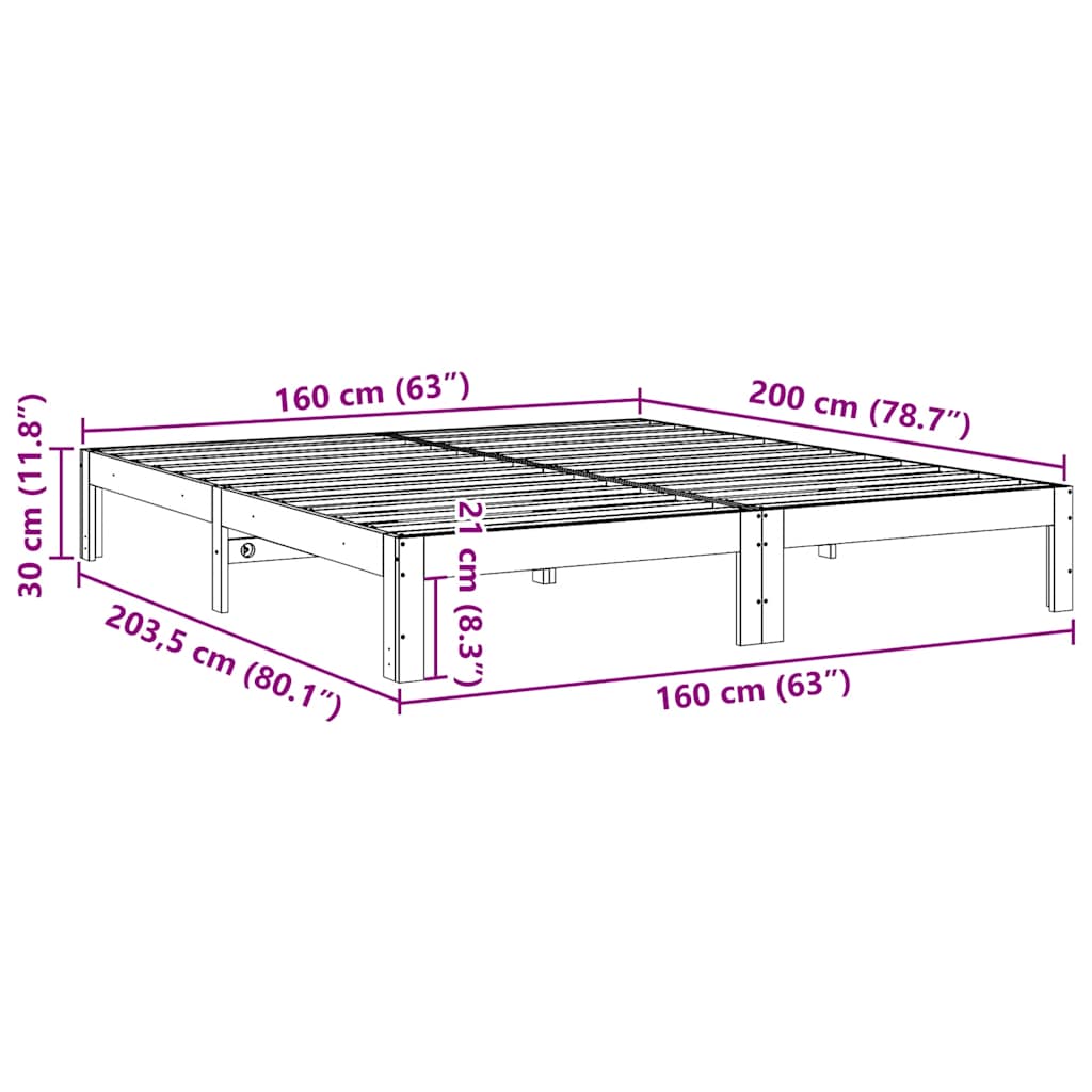 Sängram utan madrass vaxbrun 160x200 cm massiv furu