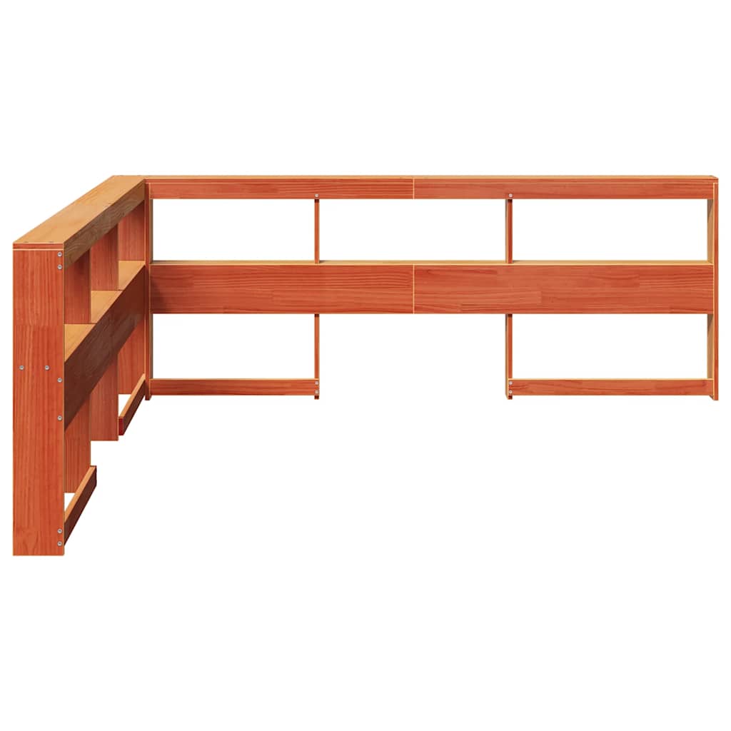 Bokhylla sänggavel L-formad vaxbrun 200 cm massiv furu