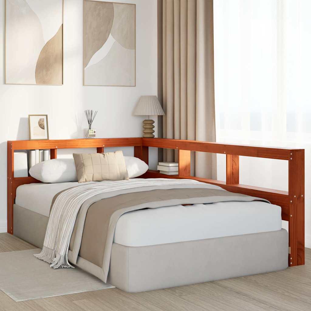 Bokhylla sänggavel L-formad vaxbrun 120 cm massiv furu