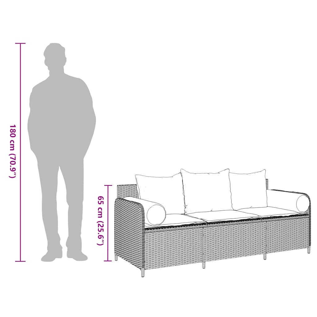 Trädgårdssoffa med dynor 3-sits grå konstrotting