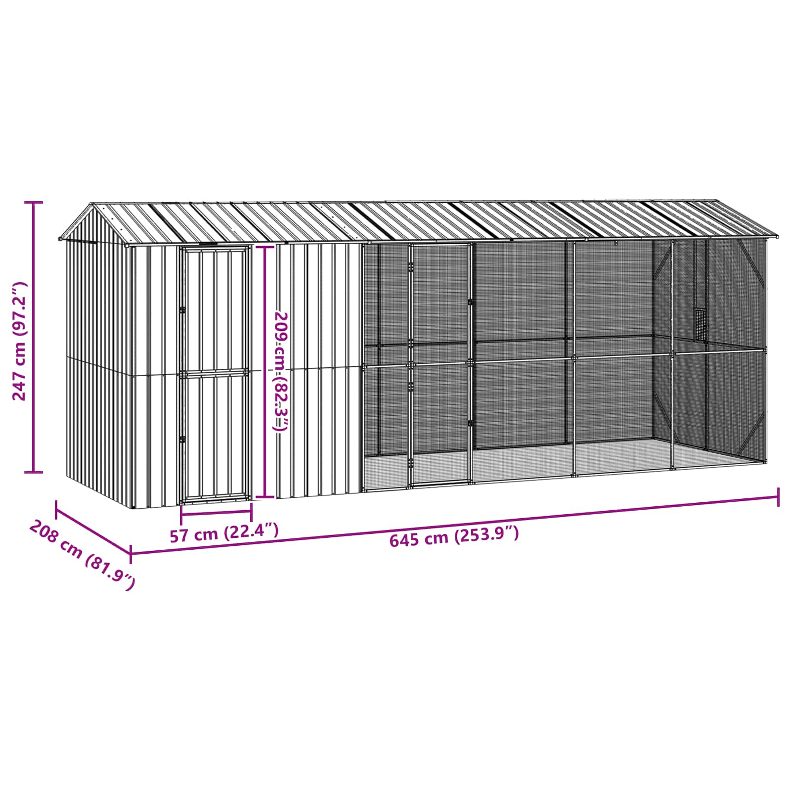 Fågelbur Antracit 645 x 208 x 247 cm Galvaniserat Stål