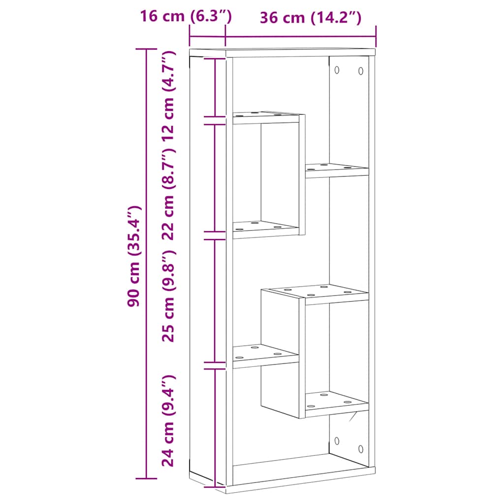 Vägghylla hantverksmässig ek 36x16x90 cm konstruerat trä