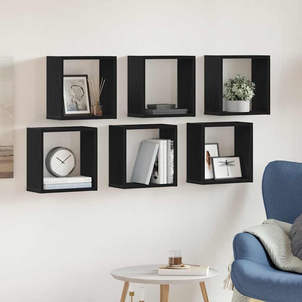 Vägghylla kubformad 6 st svart ek 30x15x30 cm konstruerat trä