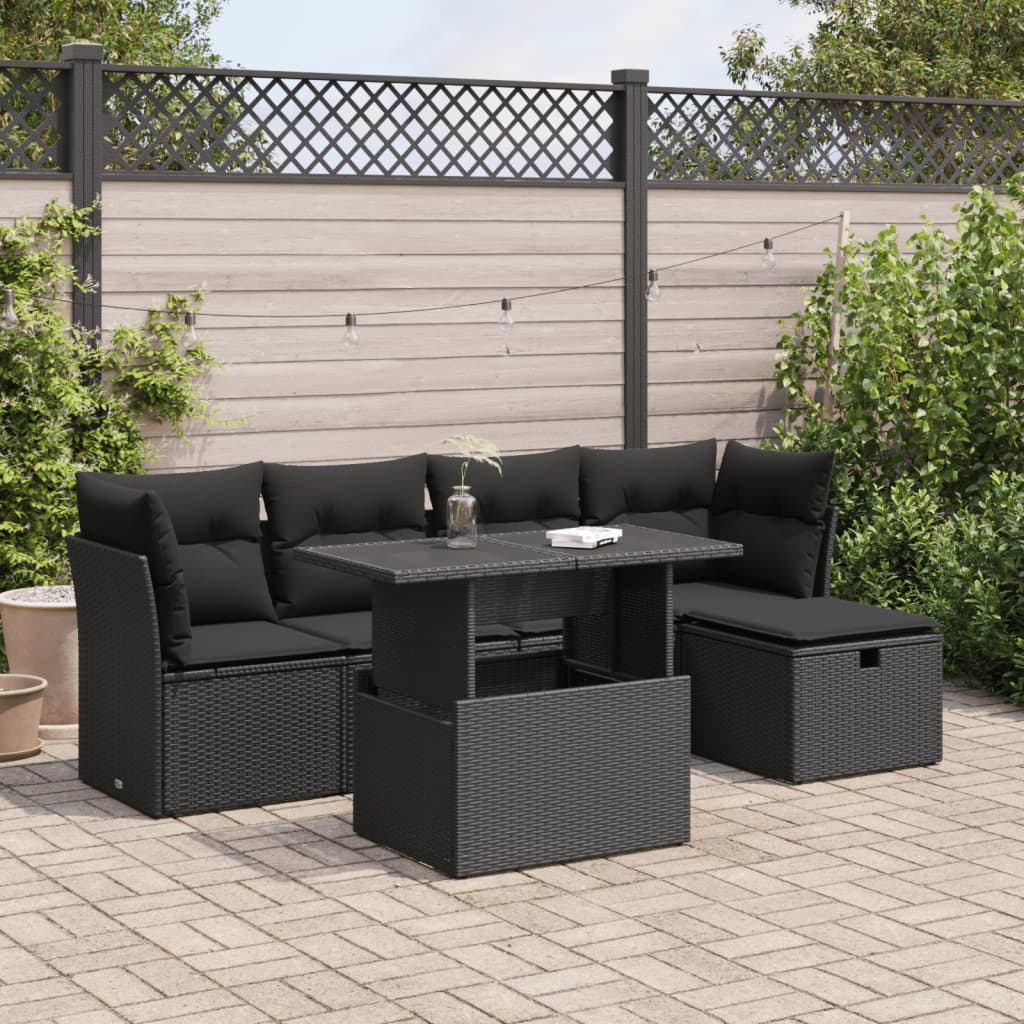 Loungegrupp med dynor 6 delar svart konstrotting