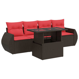 Trädgårdssoffset med dynor 5 delar brun konstrotting akaciaträ