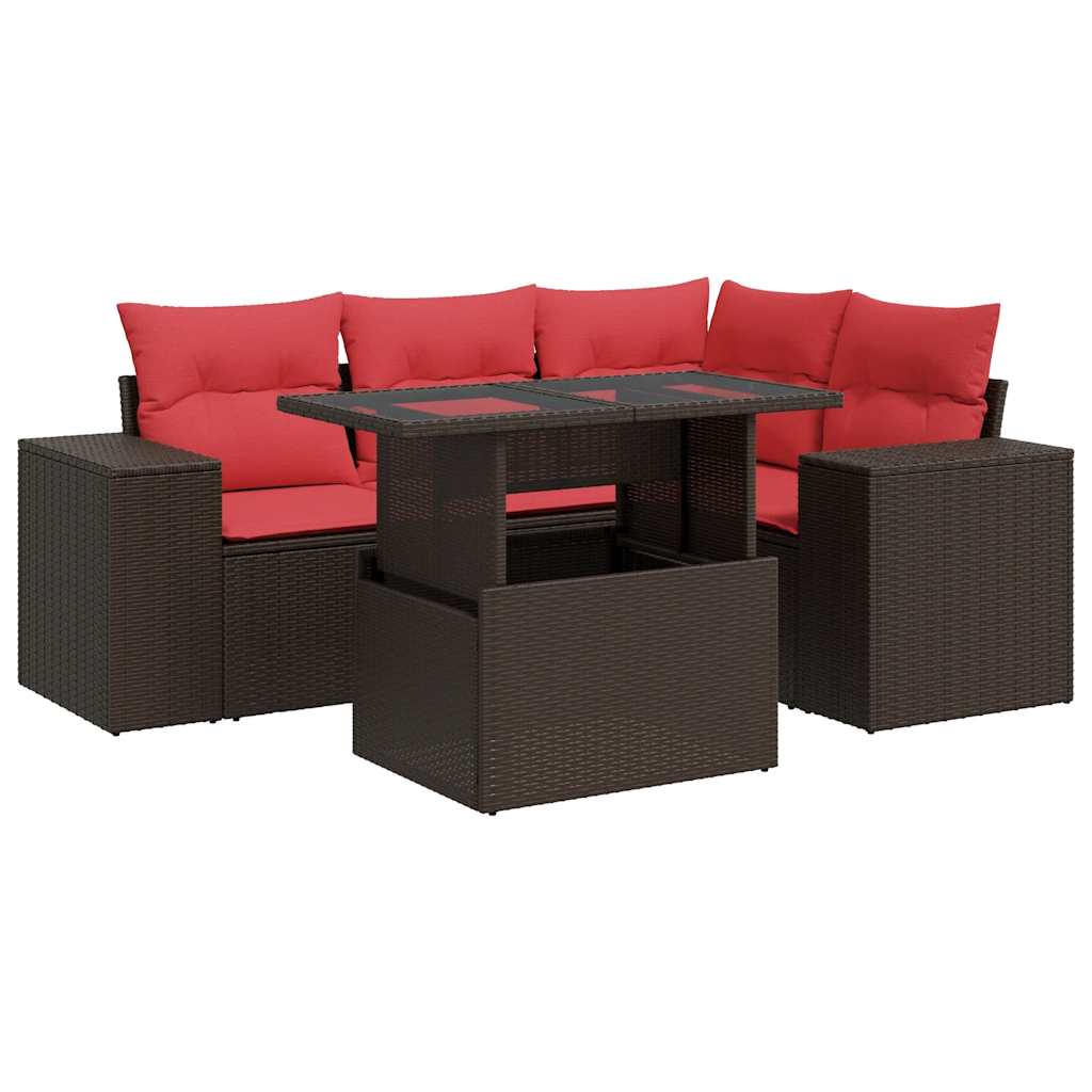 Trädgårdssoffset med dynor 5 delar brun konstrotting akaciaträ