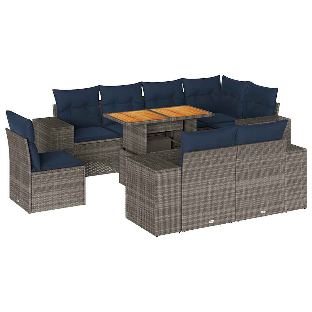 Loungegrupp för trädgården m dynor 9 delar grå konstrotting