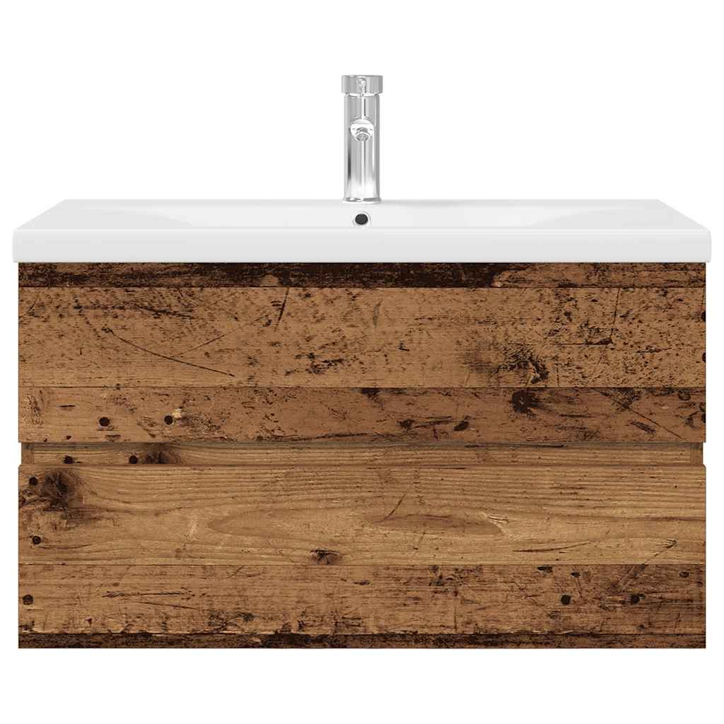 Diskbänksskåp med inbyggt handfat och kran Gammalt trä