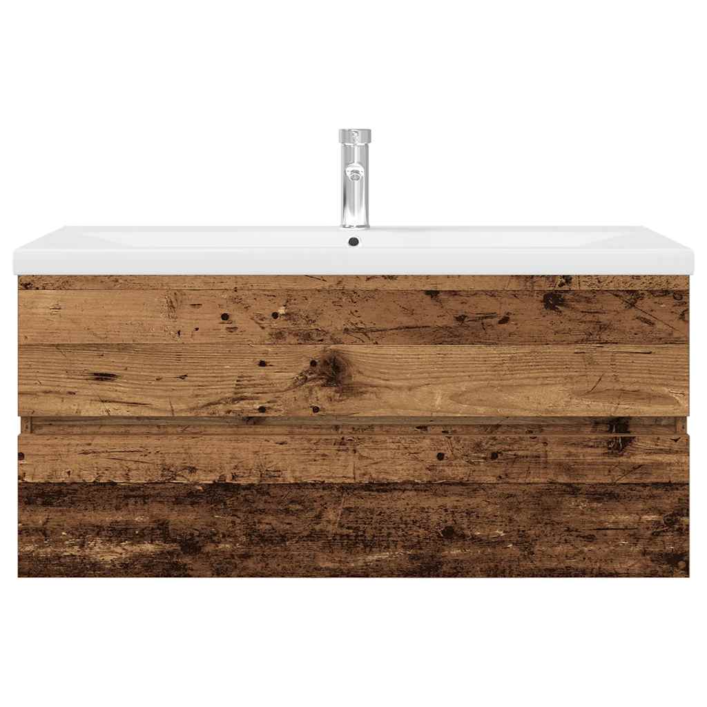 Diskbänksskåp med inbyggt handfat och kran Gammalt trä