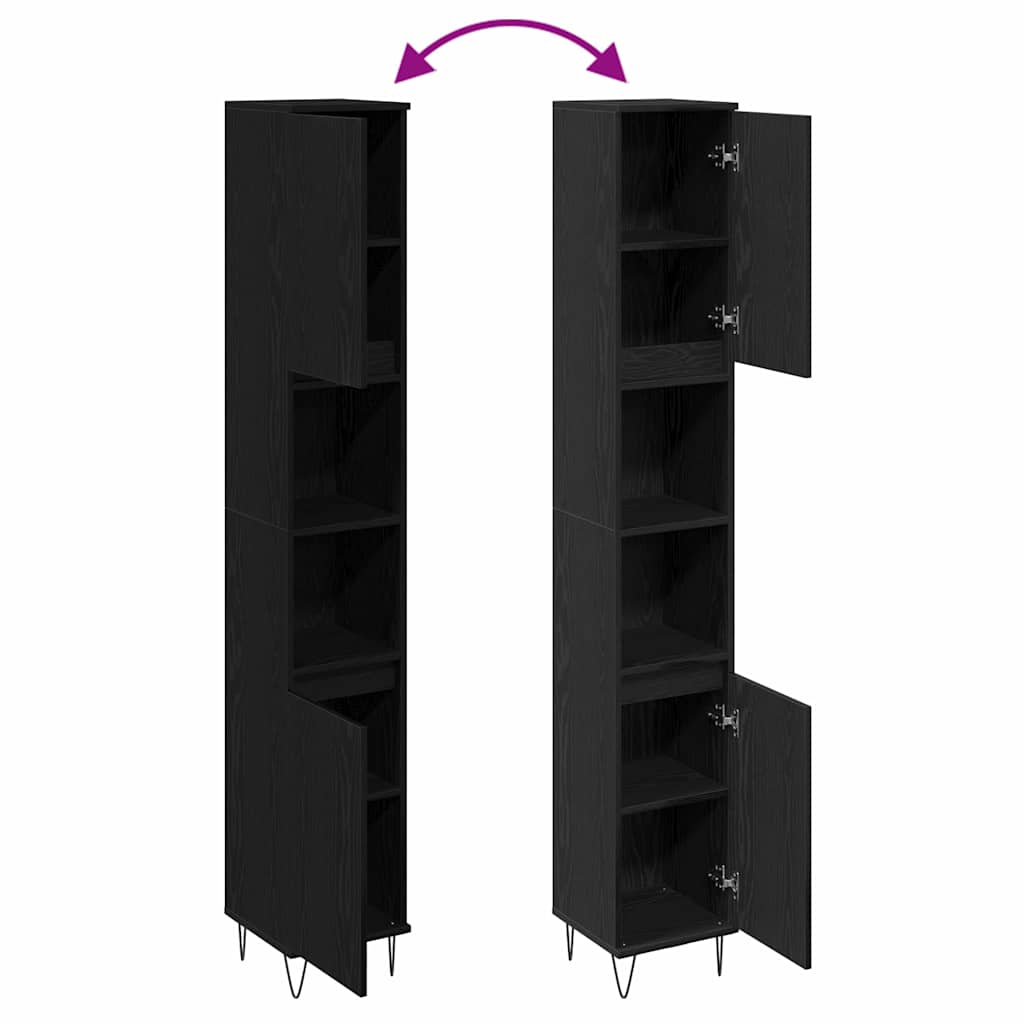 Badrumsskåp med hylla Svart Ek 30 x 30 x 190 cm Konstruerat trä