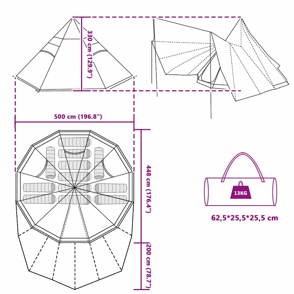 Familj Tipi Tält med tak Blå och grå 510 x 690 x 330 cm