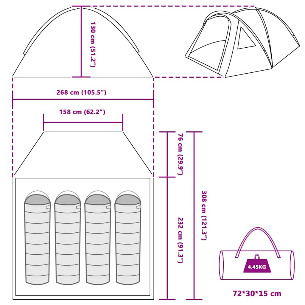 Campingtält med tak Grön 308 x 268 x 130 cm Polyester
