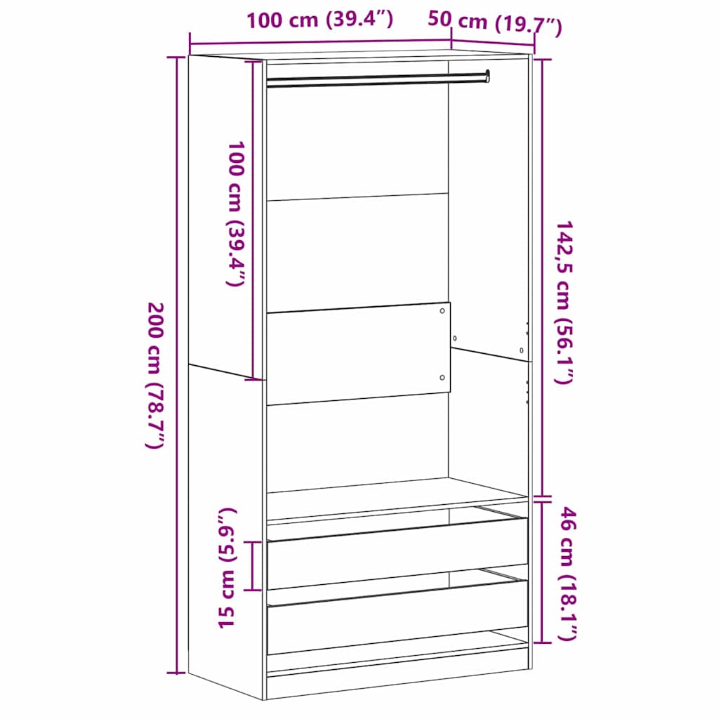 Garderob med låda Svart ek 100 x 50 x 200 cm Konstruerat trä