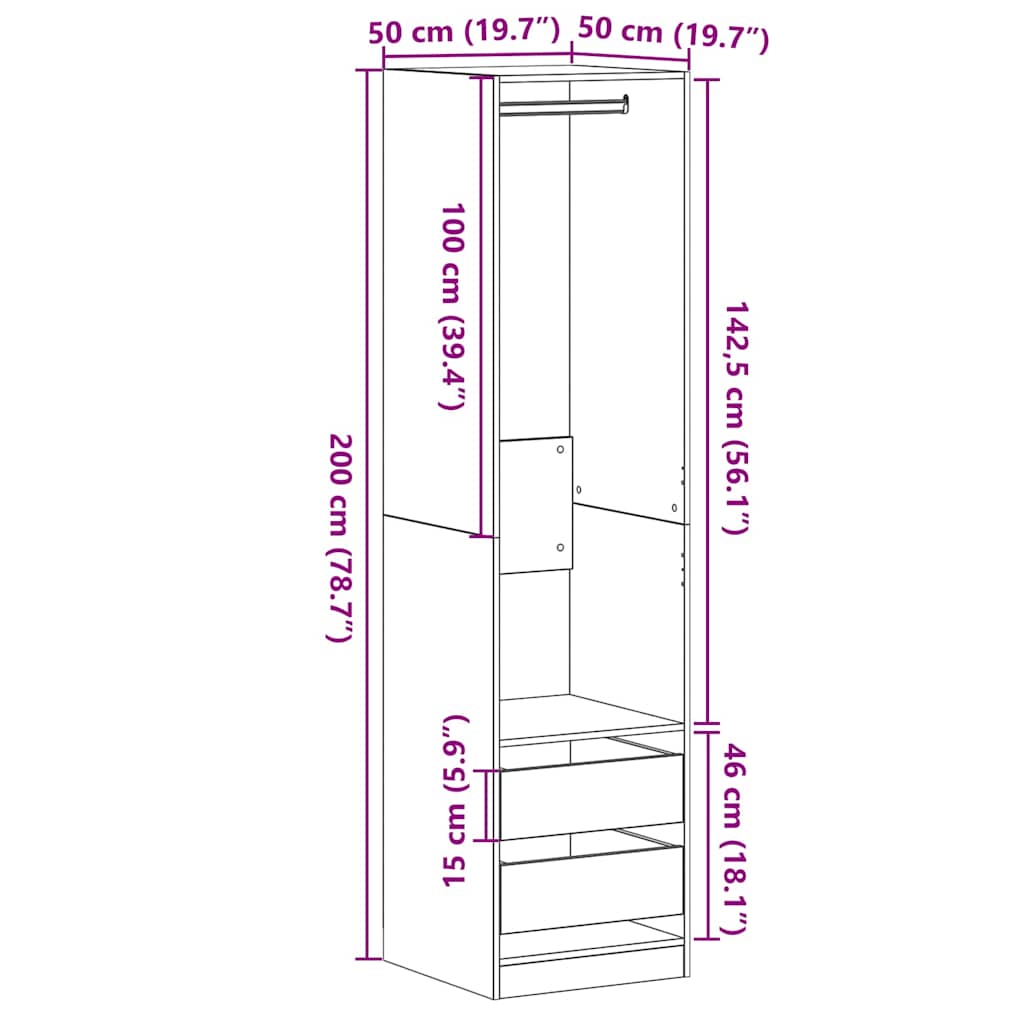 Garderob med låda Svart ek 50 x 50 x 200 cm Konstruerat trä