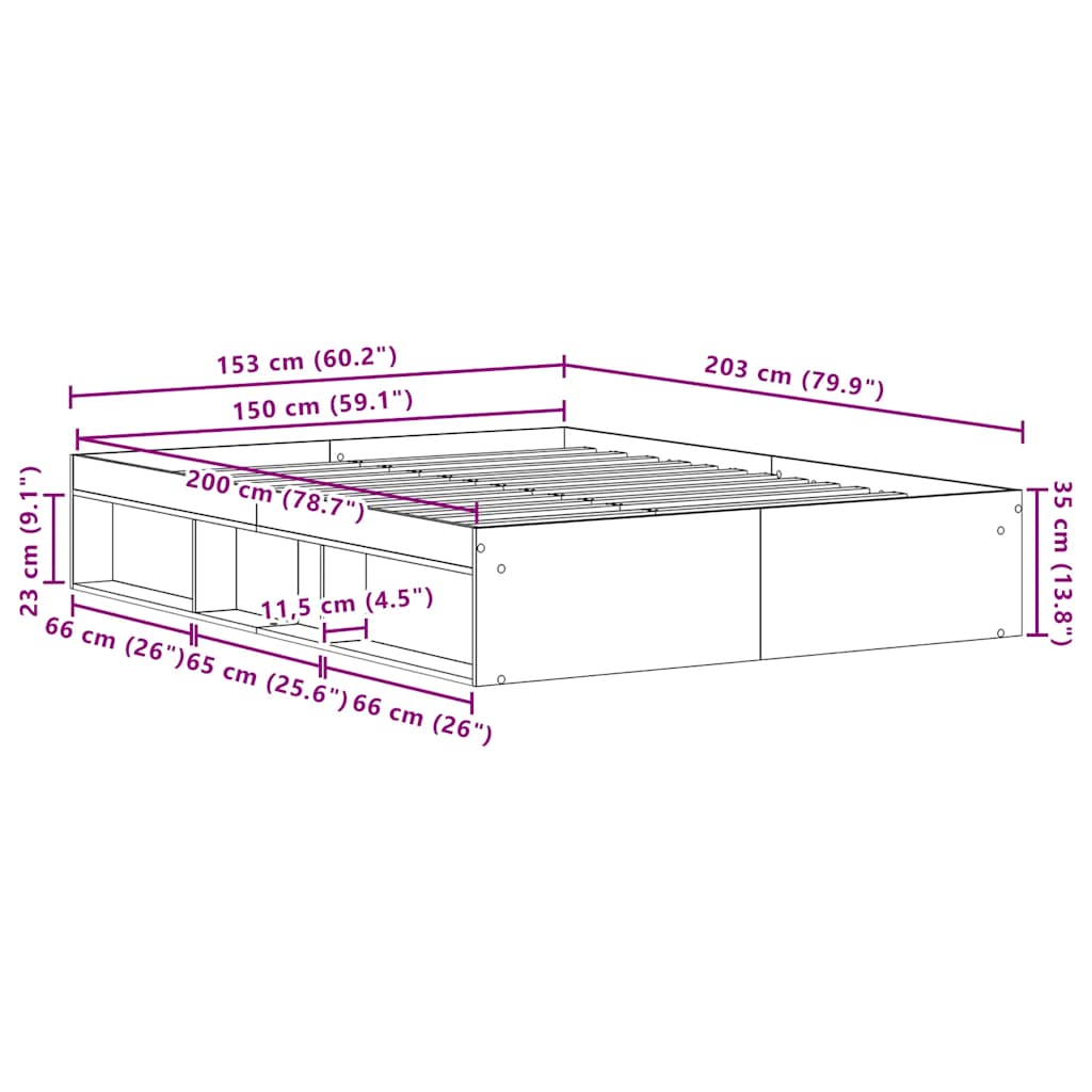Sängram utan madrass gammalt trä 150x200cm konstruerat trä