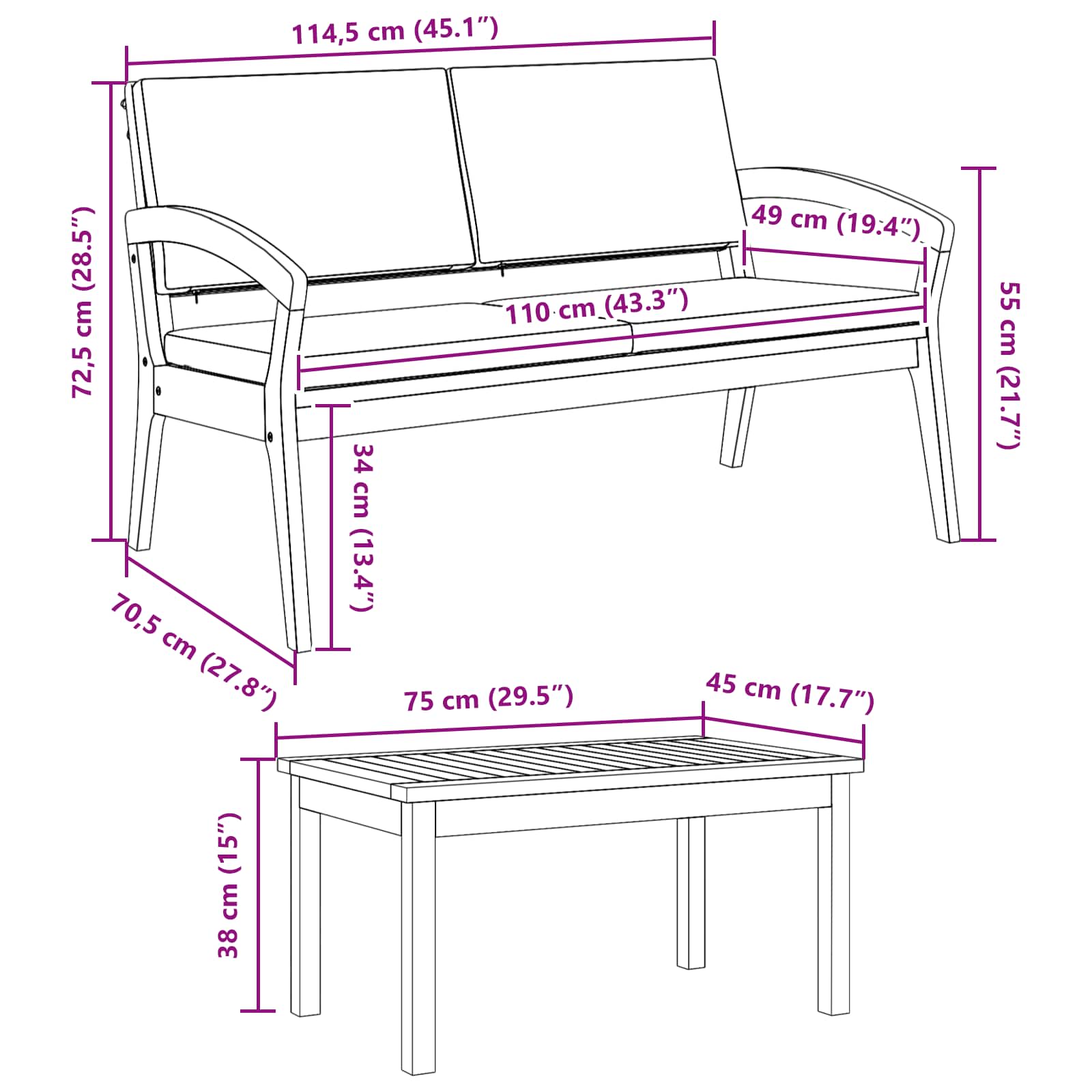 Bistroset med kudde 3 pcs Brun 114.5 x 70.5 x 72.5 cm Polyester