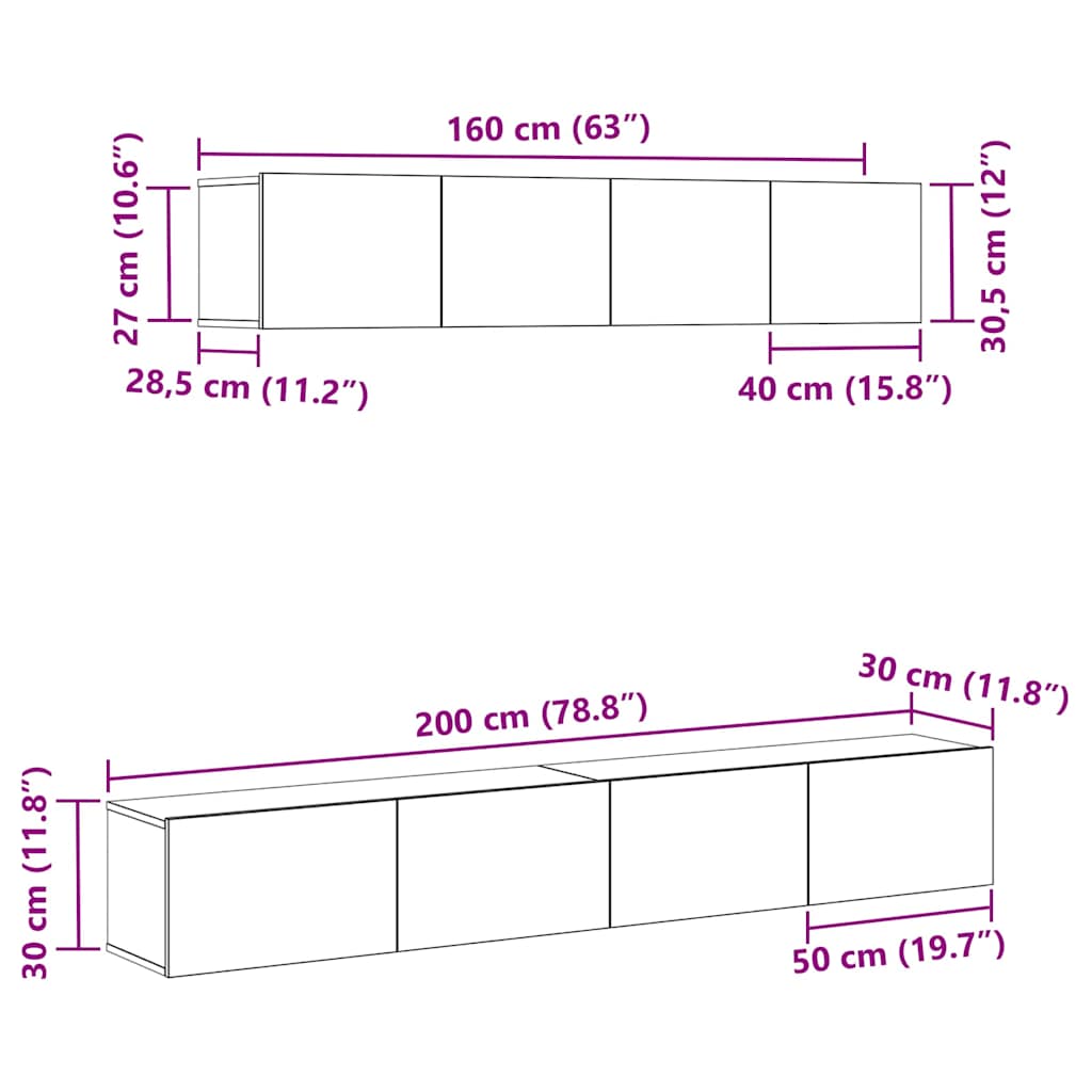 TV-bänkset Väggmonterad Svart Ek Konstruerat trä