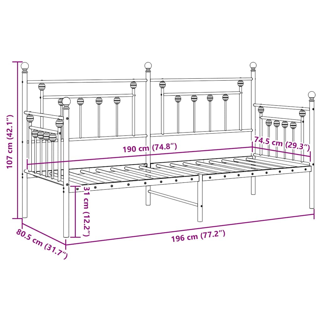 Dagbäddram med huvudgavel Svart 75 x 190 cm Stål