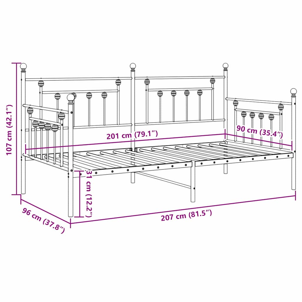 Dagbäddram med huvudgavel Vit 90 x 200 cm Stål