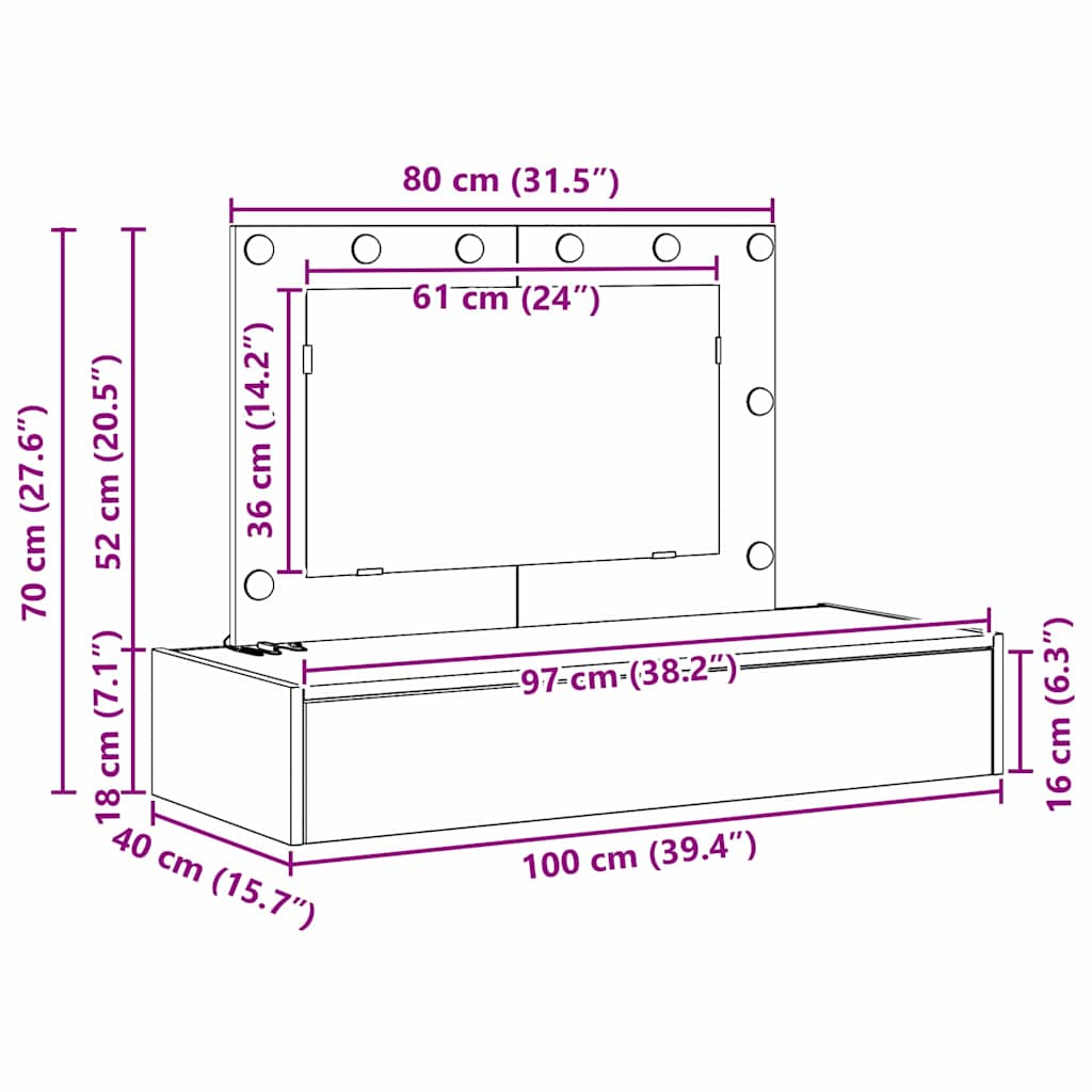 Smyckebord med låda Svart 100 x 40 x 70 cm Konstruerat trä