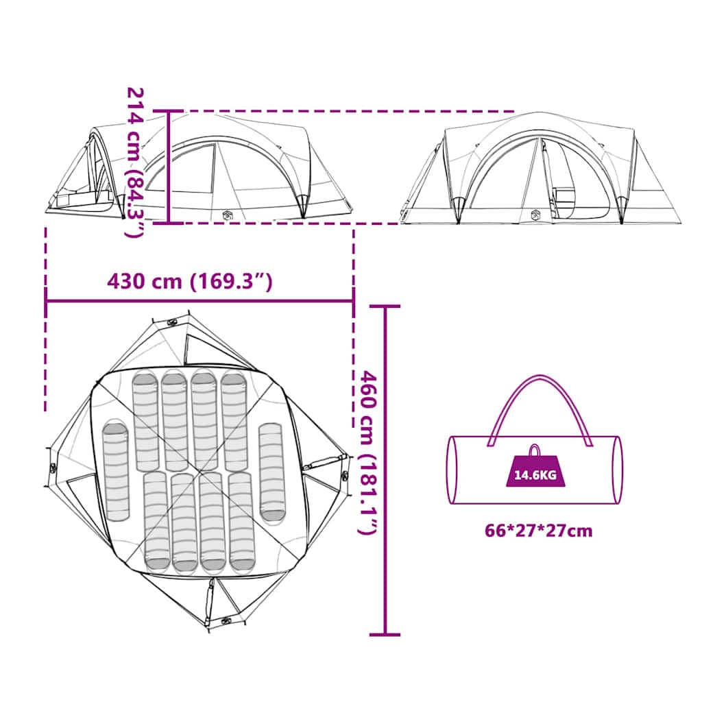 Familjetält med tak med lagring Blå och grå 460 x 430 x 214 cm