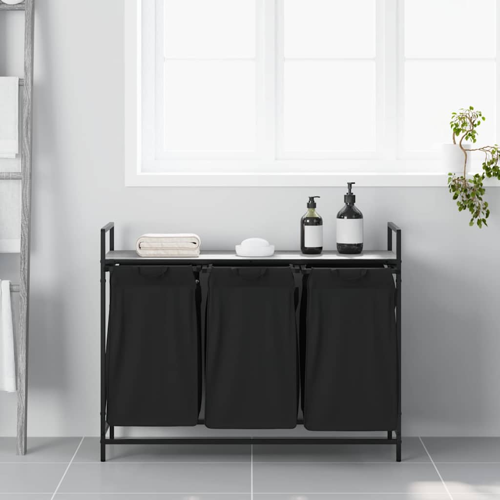 Tvättkorg 3 fack med hylla grå sonoma