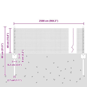 Stängsel med stolpe Silver 0,4 x 25 m Stål