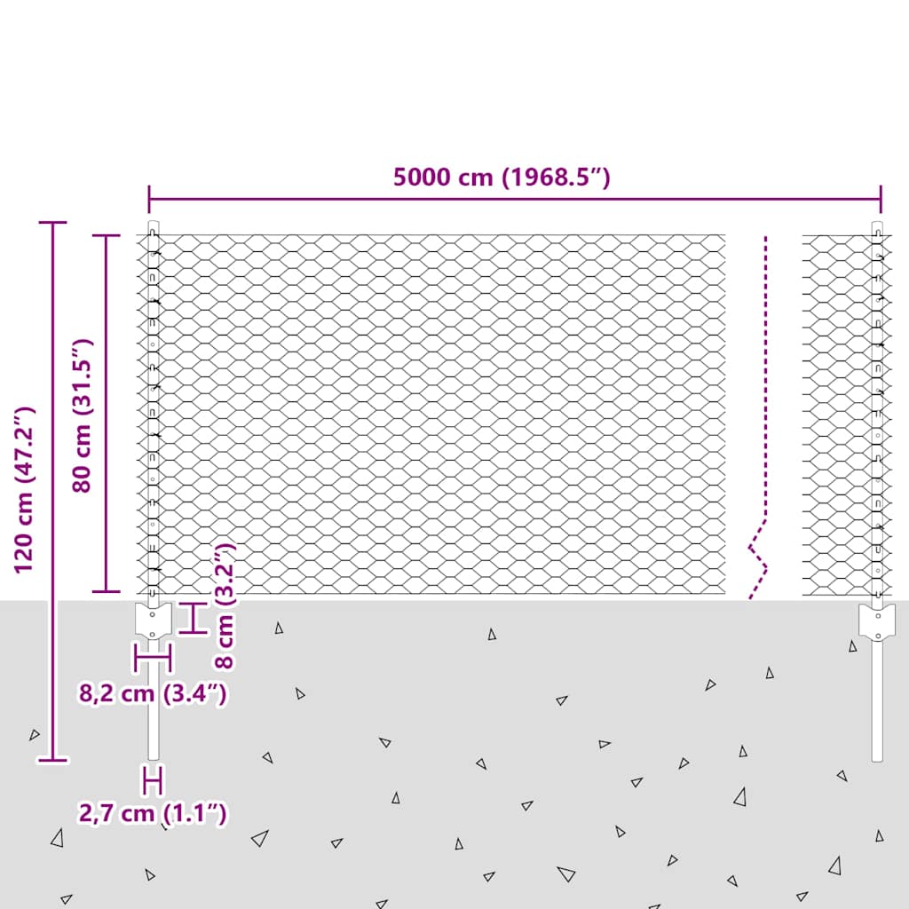 Stängsel med stolpe Silver 0,8 x 50 m Stål