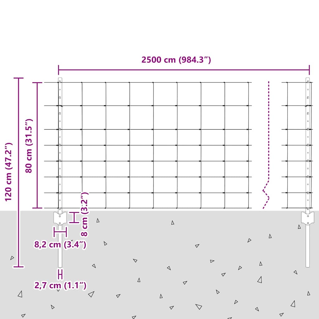 Stängsel med stolpe Silver 0,8 x 25 m Stål