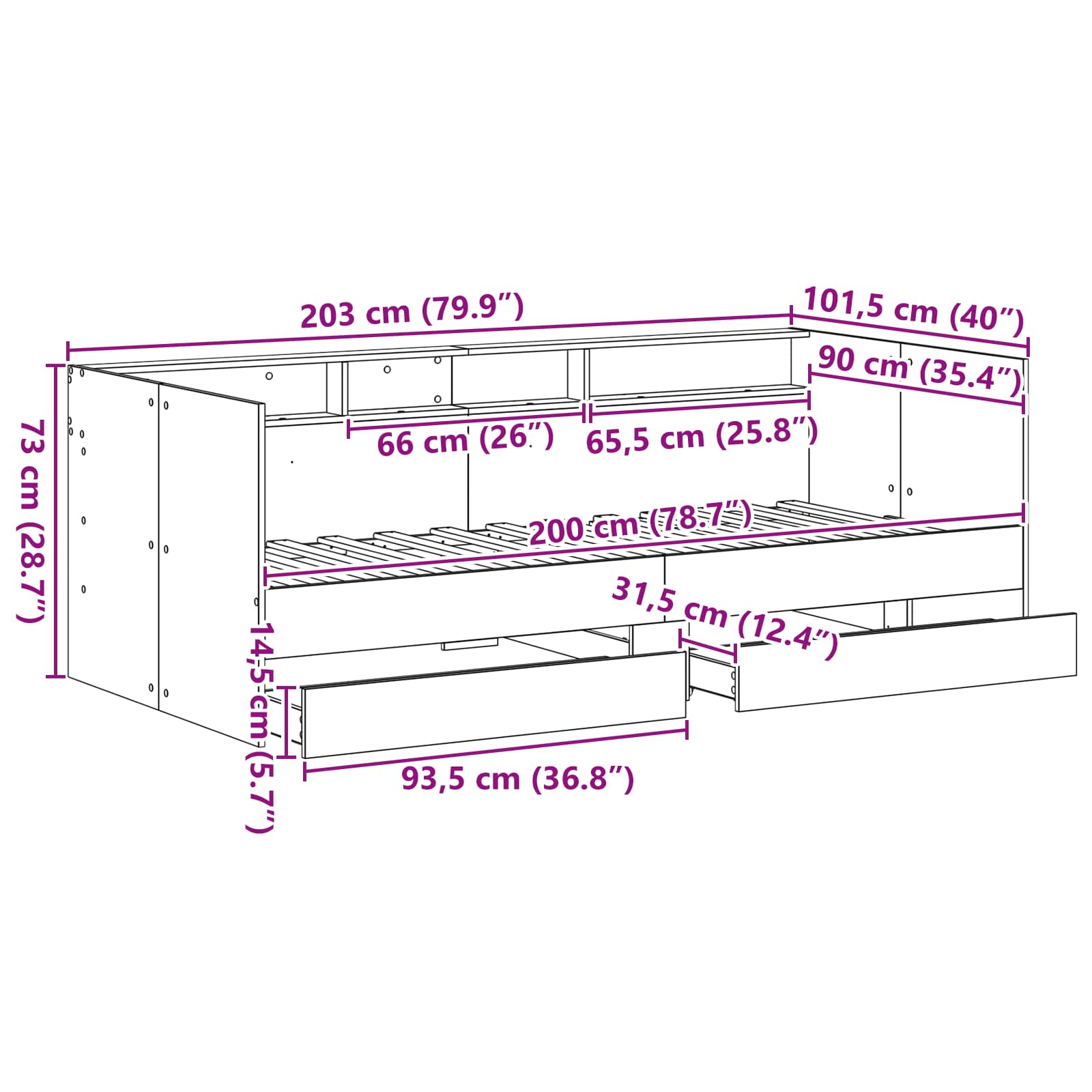 Dagsäng med låda med lagring Grå 90 x 200 cm Konstruerat trä
