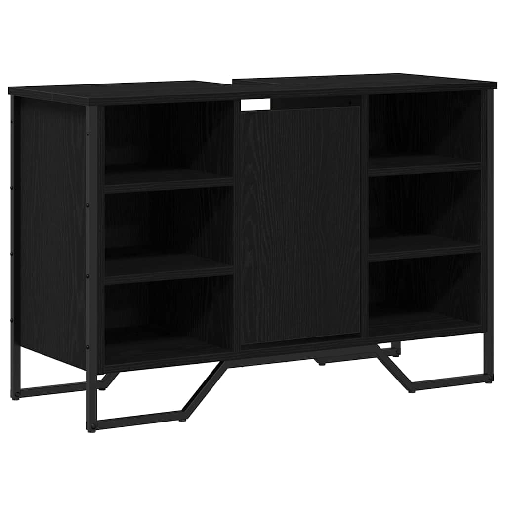 Badrumsskåp med handfat med hylla Svart Ek 91 x 35 x 60 cm