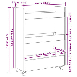 Smal förvaringsvagn Svart Ek 60 x 22 x 80 cm Konstruerat trä