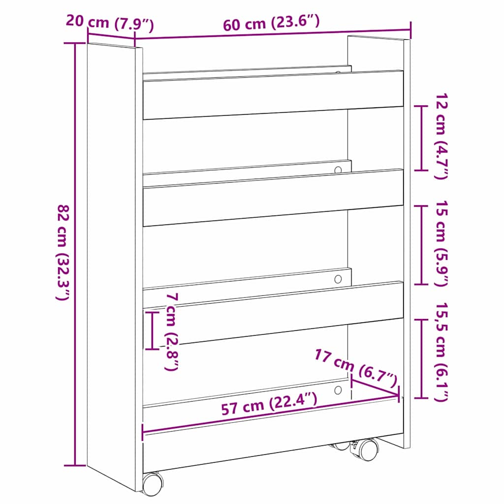 Smal förvaringsvagn Svart Ek 60 x 20 x 82 cm Konstruerat trä