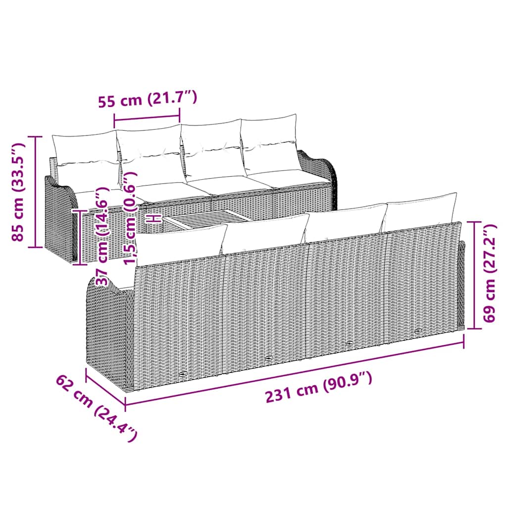 Trädgårdsoffset med kudde 9 pcs Beige konstrotting