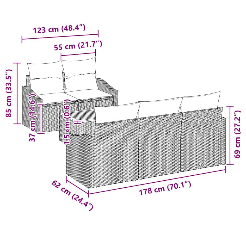 Trädgårdsoffset med kudde 6 pcs Beige konstrotting