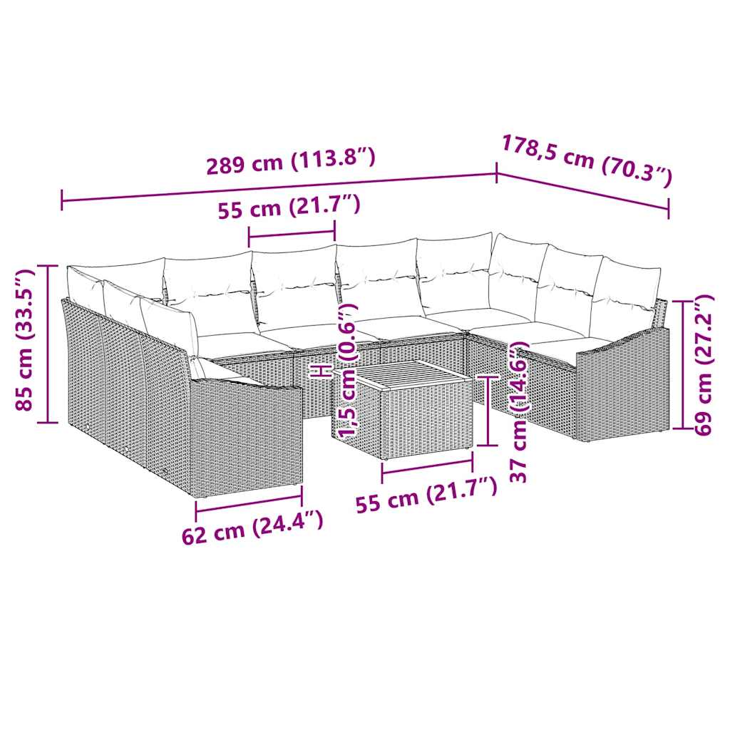Trädgårdsoffset med kudde 10 pcs Beige konstrotting