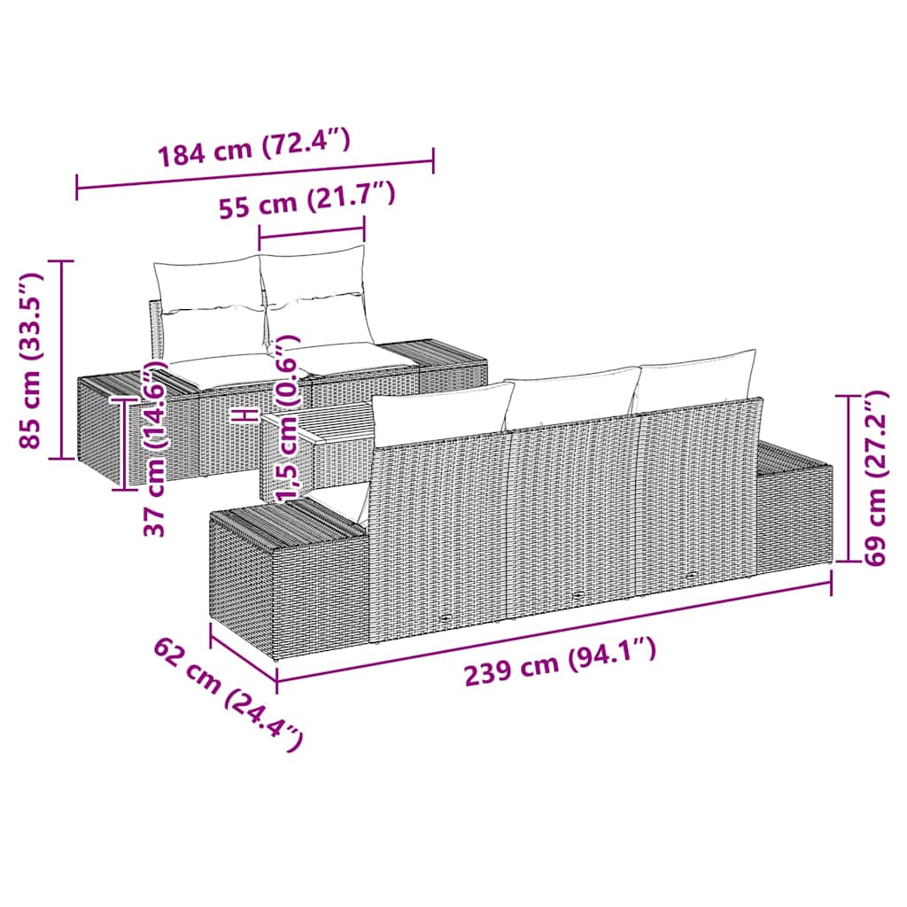 Trädgårdsoffset med kudde 6 pcs Beige konstrotting