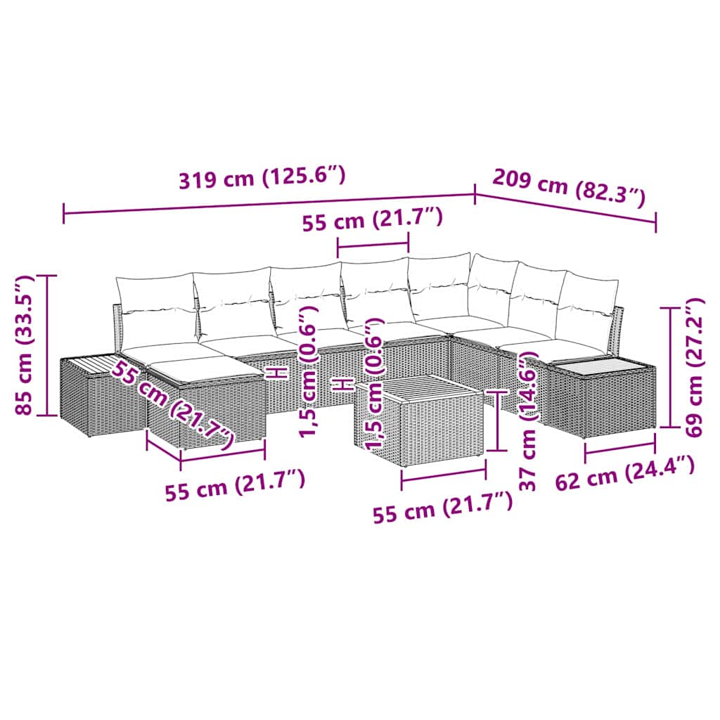 Trädgårdsoffset med kudde 9 pcs Beige Poly rattan