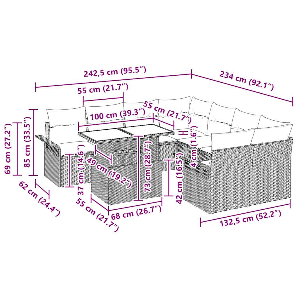 Trädgårdsoffset med kudde 9 pcs Svart Poly rattan
