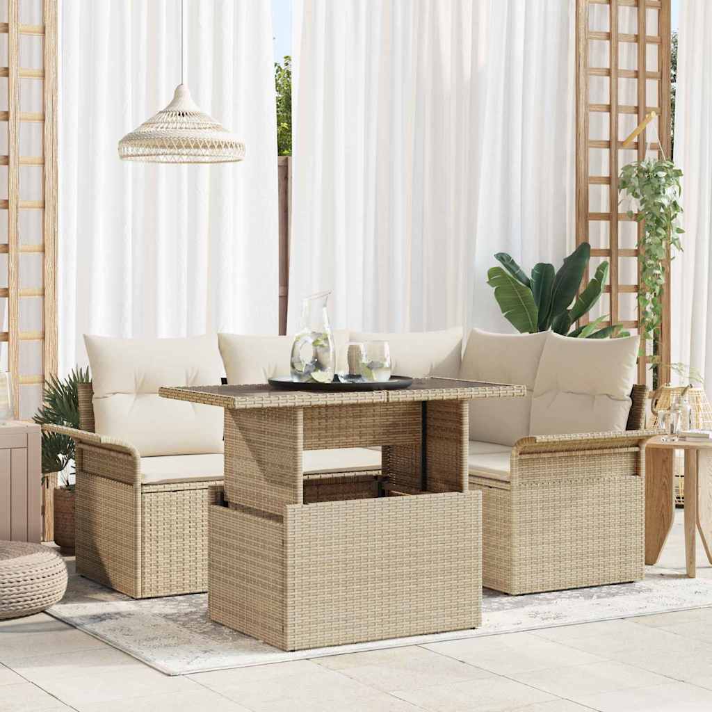 Trädgårdsoffset med kudde 5 pcs Beige Poly rattan