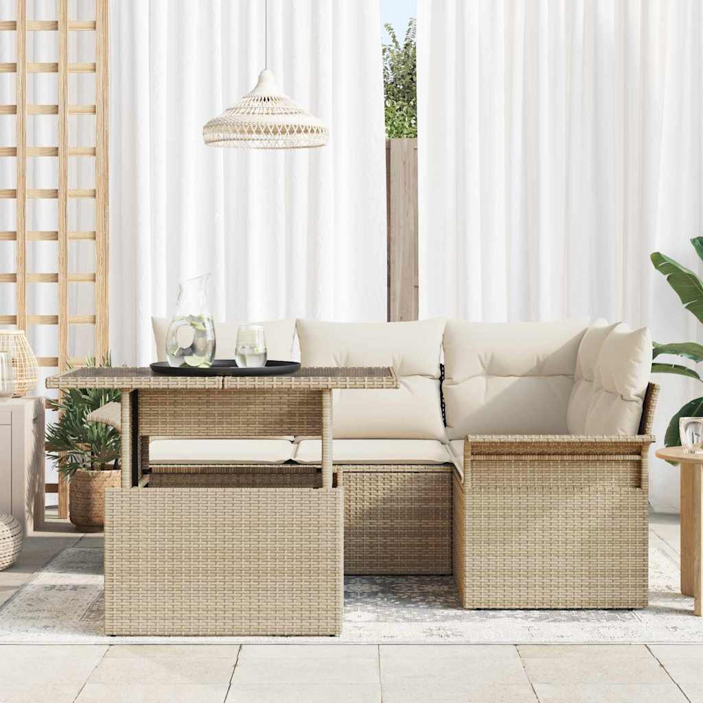Trädgårdsoffset med kudde 5 pcs Beige Poly rattan