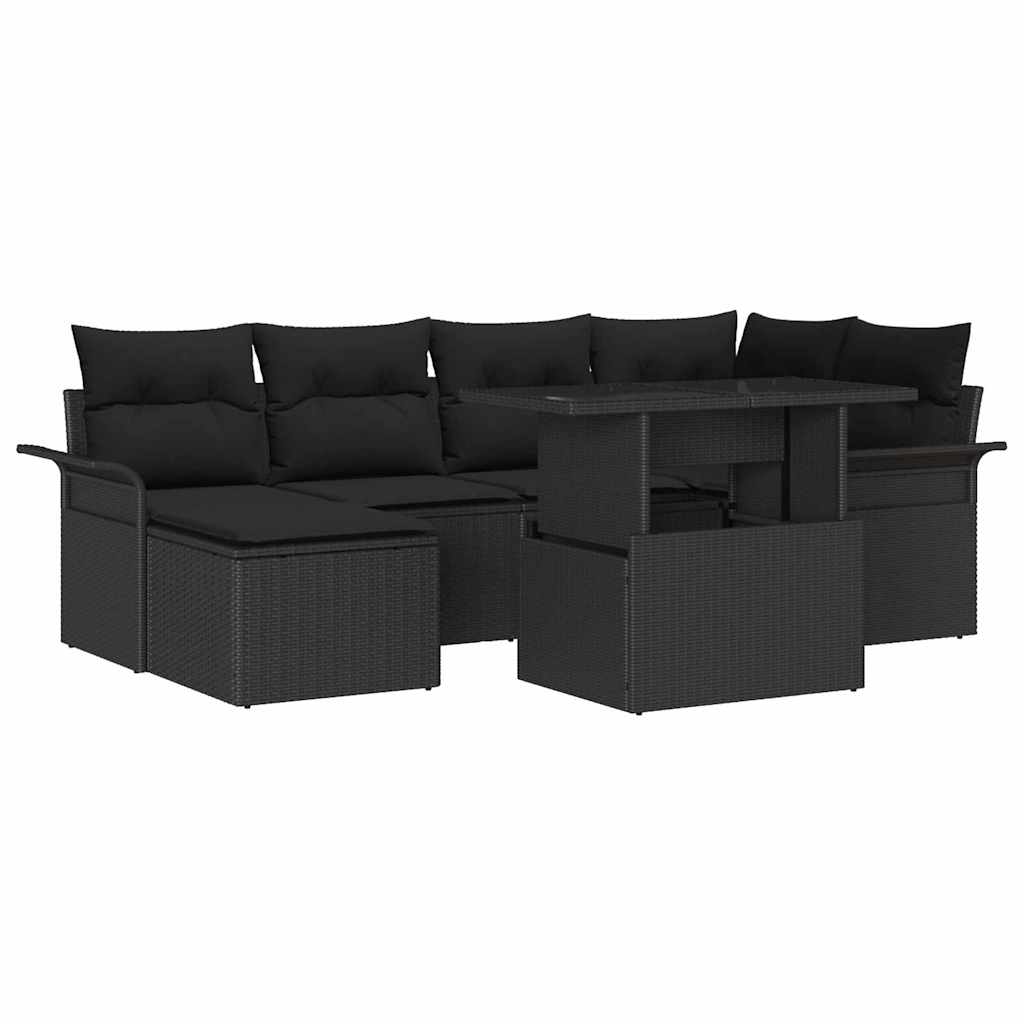 Trädgårdsoffset med kudde 7 pcs Svart Poly rattan
