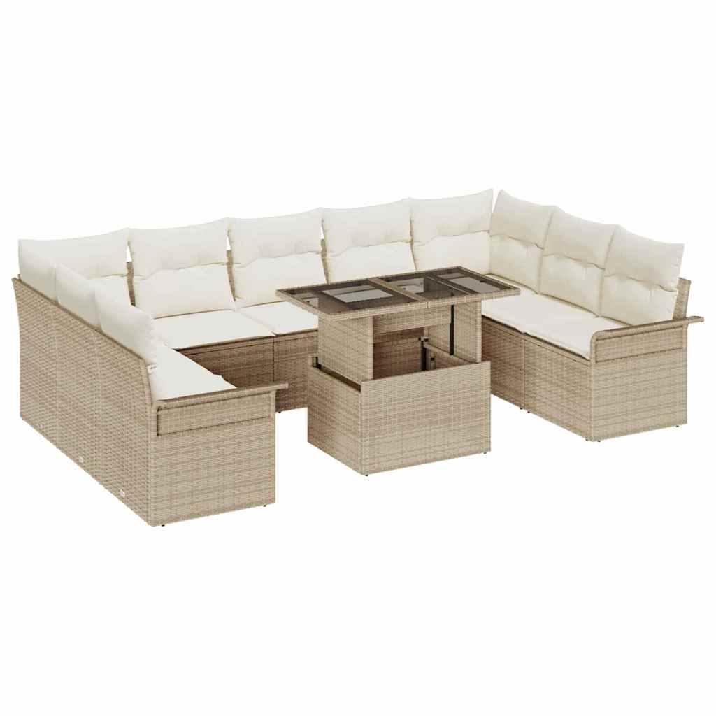Trädgårdsoffset med kudde 10 pcs Beige Poly rattan