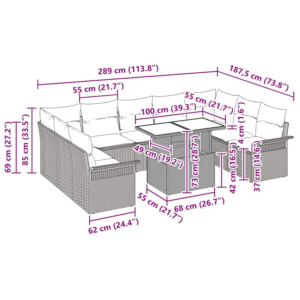 Trädgårdsoffset med kudde 10 pcs Beige Poly rattan