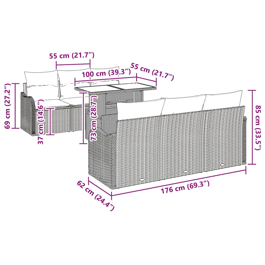 Trädgårdsoffset med kudde 7 pcs Svart Poly rattan
